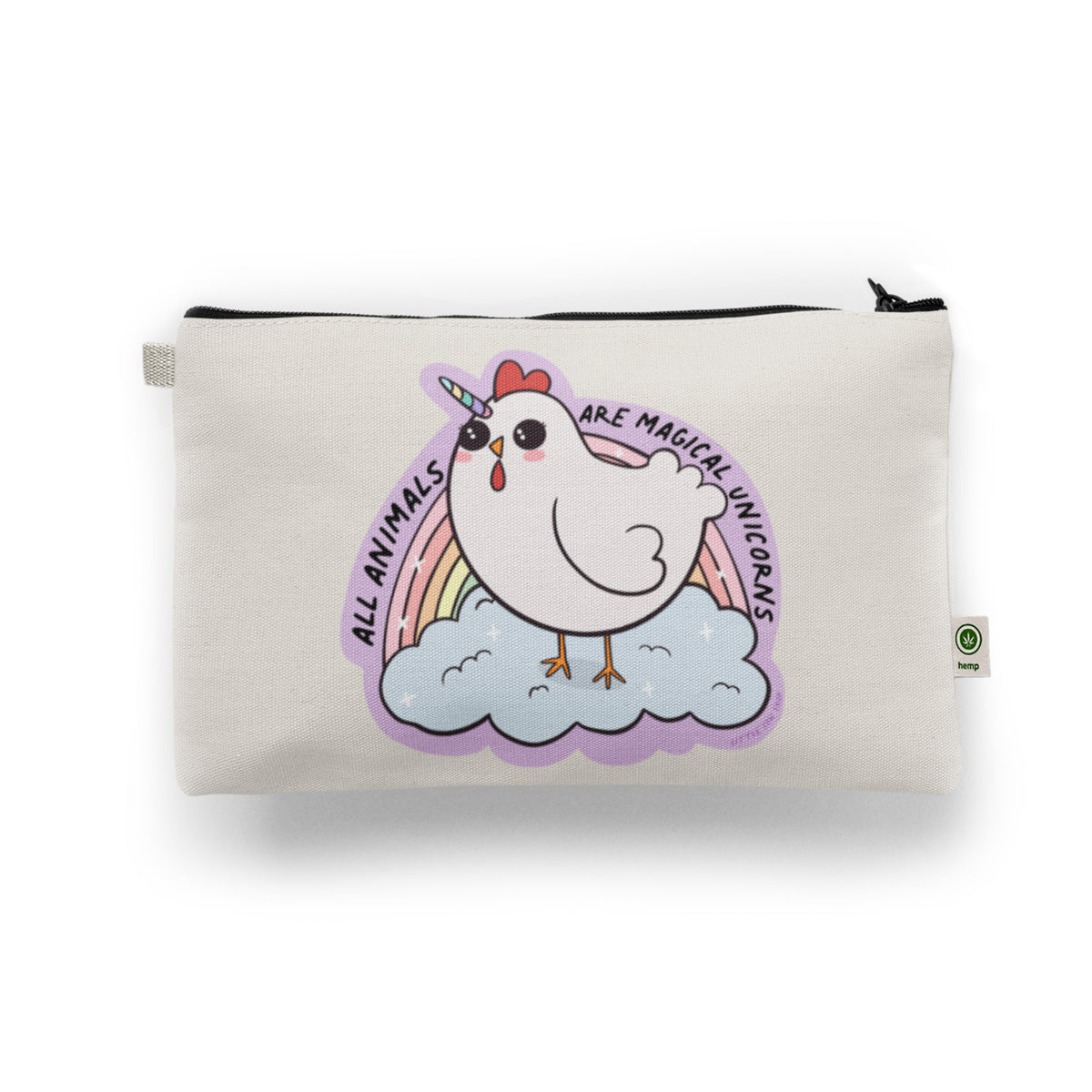 all animals are magical unicorns hemp pouch unichicken standing on top of a cloud with a rainbow in the back vegan