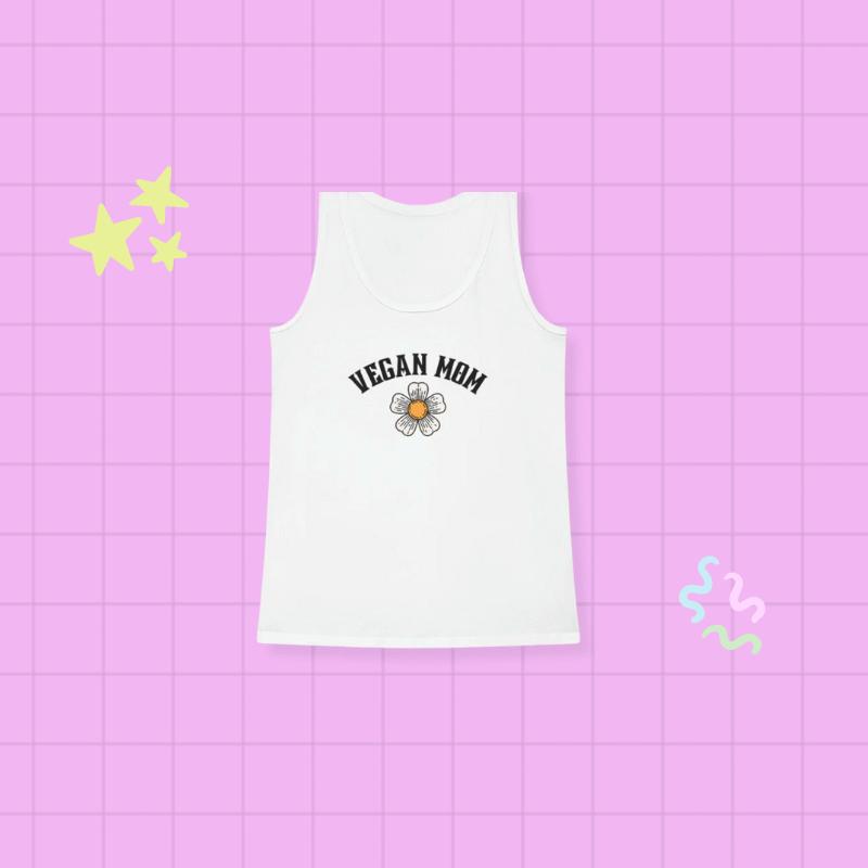 white shirt that says 'Vegan Mom' across the chest, on a pink background 