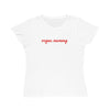 White t-shirt with 'vegan mommy' text in red on a white background