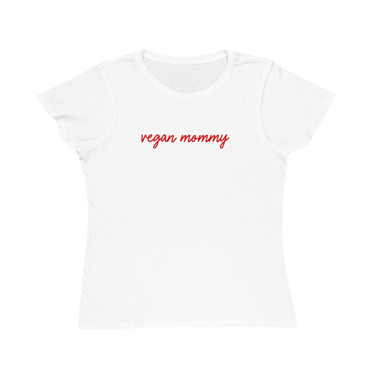 White t-shirt with 'vegan mommy' text in red on a white background