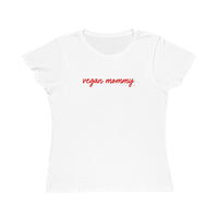White t-shirt with 'vegan mommy' text in red on a white background
