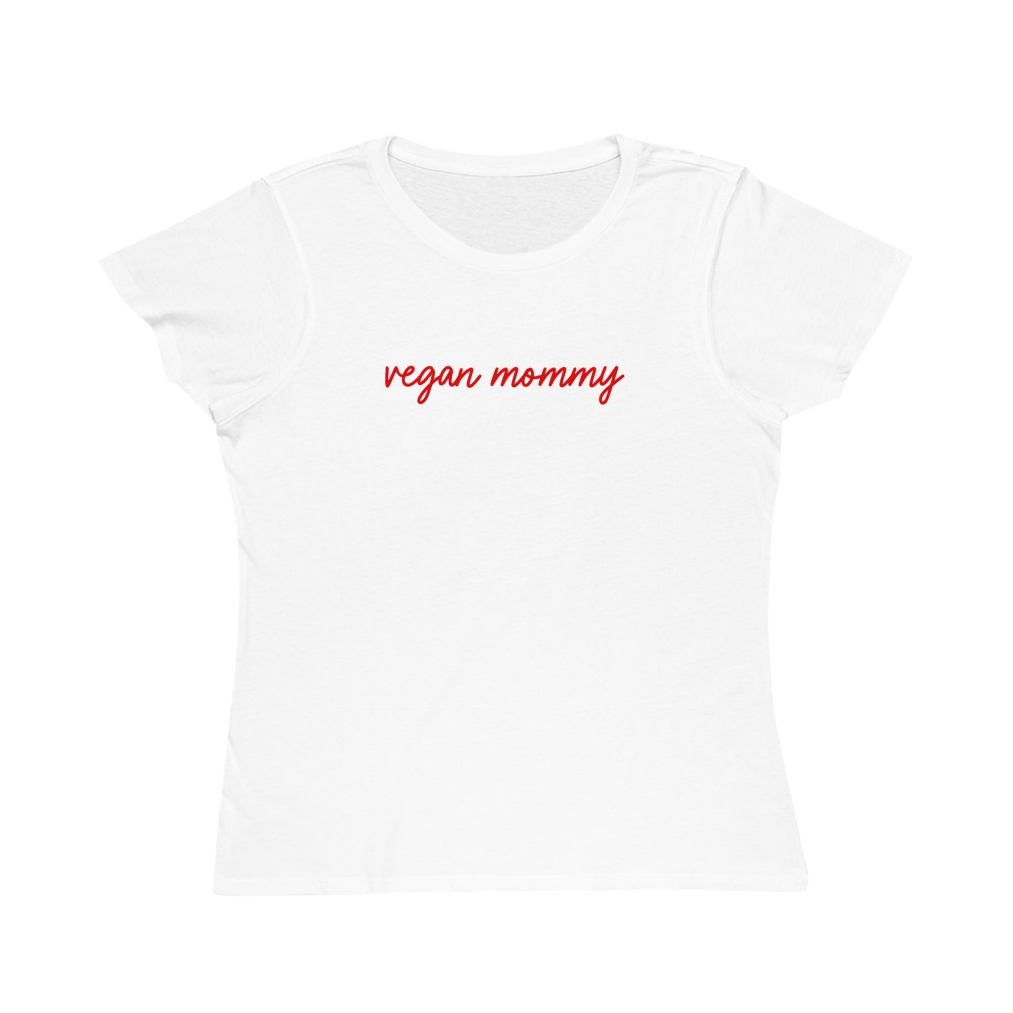 White t-shirt with 'vegan mommy' text in red on a white background