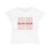 White t-shirt with 'VEGAN QUEEN' text printed vertically in red.
