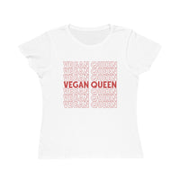 White t-shirt with 'VEGAN QUEEN' text printed vertically in red.
