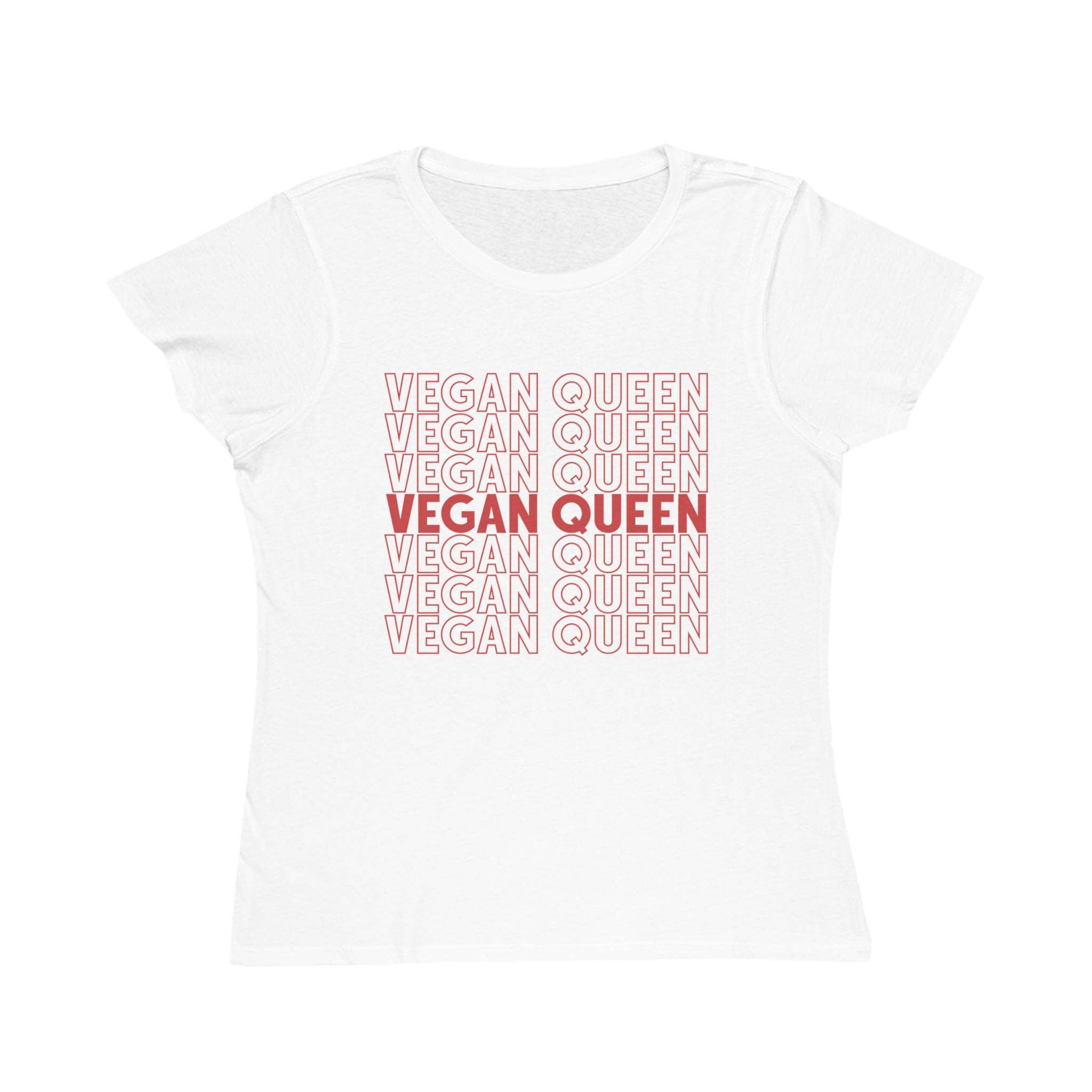 White t-shirt with 'VEGAN QUEEN' text printed vertically in red.