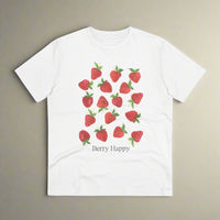 White t-shirt with a graphic of red strawberries in front and the text "berry happy" written below the design.