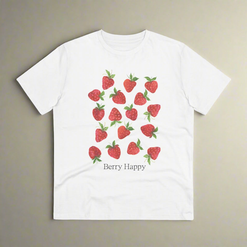 White t-shirt with a graphic of red strawberries in front and the text "berry happy" written below the design.