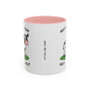 A white ceramic mug with a pink interior, featuring a cartoon cow illustration and the text 'NOT YOUR MOM, NOT YOUR MILK' and 'LITTLE COW SHOP'.