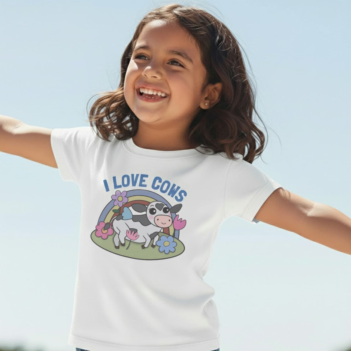 Child wearing a white t-shirt with 'I Love Cows' graphic against a clear blue sky.
