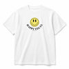 A white short-sleeve crewneck t-shirt featuring a yellow smiley face graphic with the text 'HAPPY VEGAN' printed in black below it.