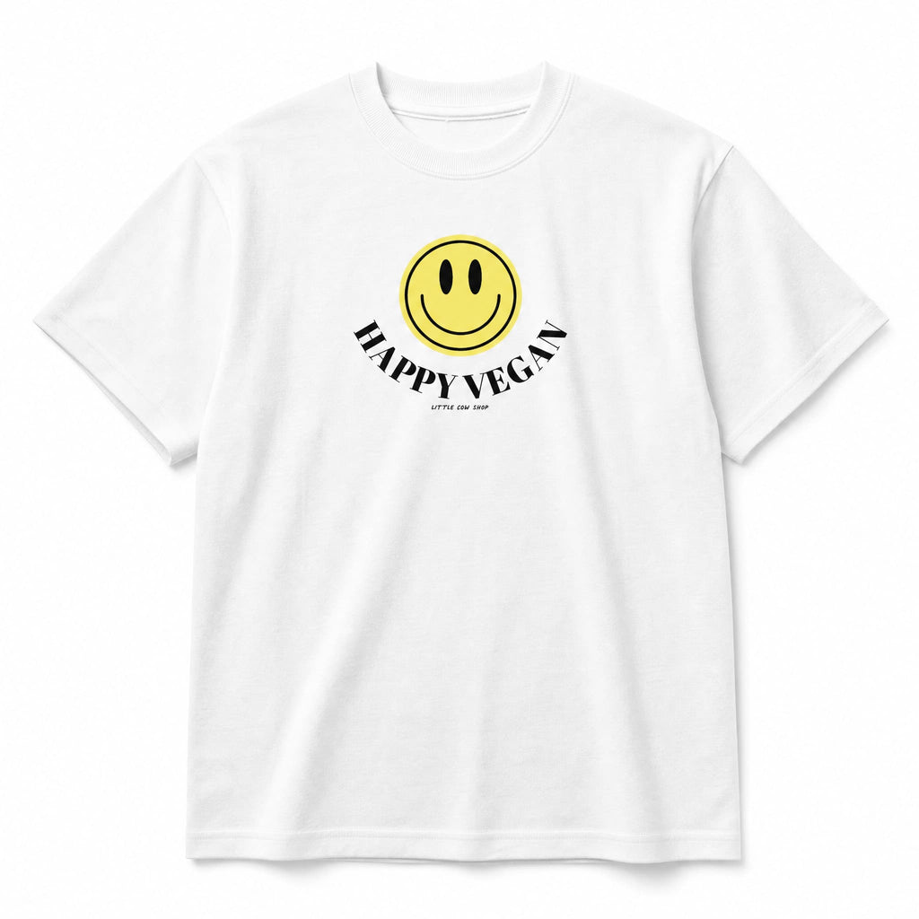 A white short-sleeve crewneck t-shirt featuring a yellow smiley face graphic with the text 'HAPPY VEGAN' printed in black below it.