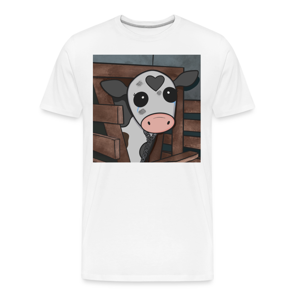 A t-shirt with a poignant illustration highlighting the plight of calves in the animal agriculture industry.