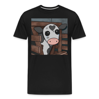 Black Unisex  t-shirt with a 'calf in a cage' graphic. 100% organic cotton. Available in sizes S-XL.