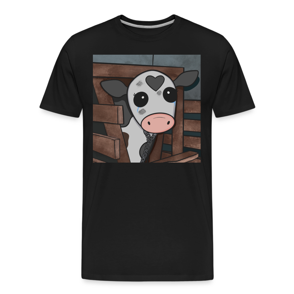 Black Unisex  t-shirt with a 'calf in a cage' graphic. 100% organic cotton. Available in sizes S-XL.