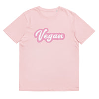 This crisp pastel pink tee featuring the design "Vegan" n a vibrant, high-definition bubble print on a white background

