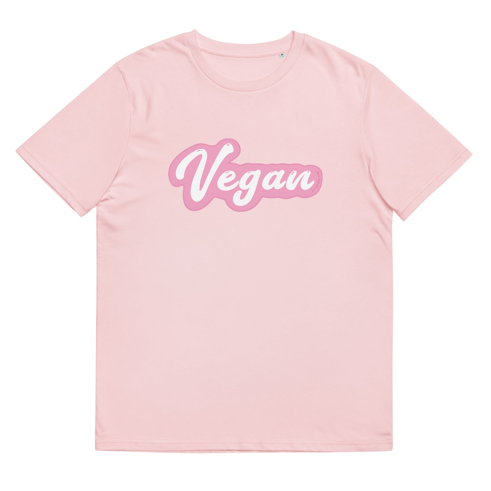 This crisp pastel pink tee featuring the design "Vegan" n a vibrant, high-definition bubble print on a white background


