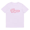 lilac t-shirt with the design vegan across the chest on a white background