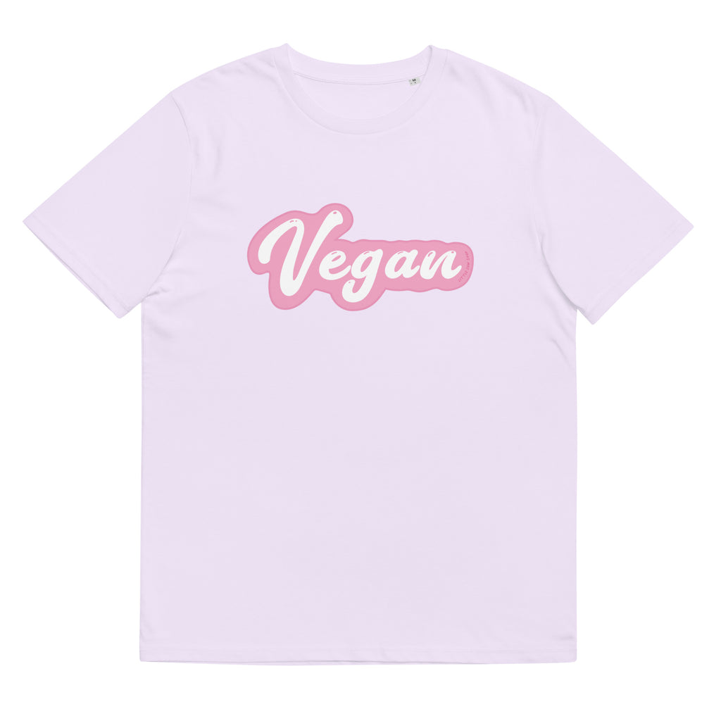 lilac t-shirt with the design vegan across the chest on a white background