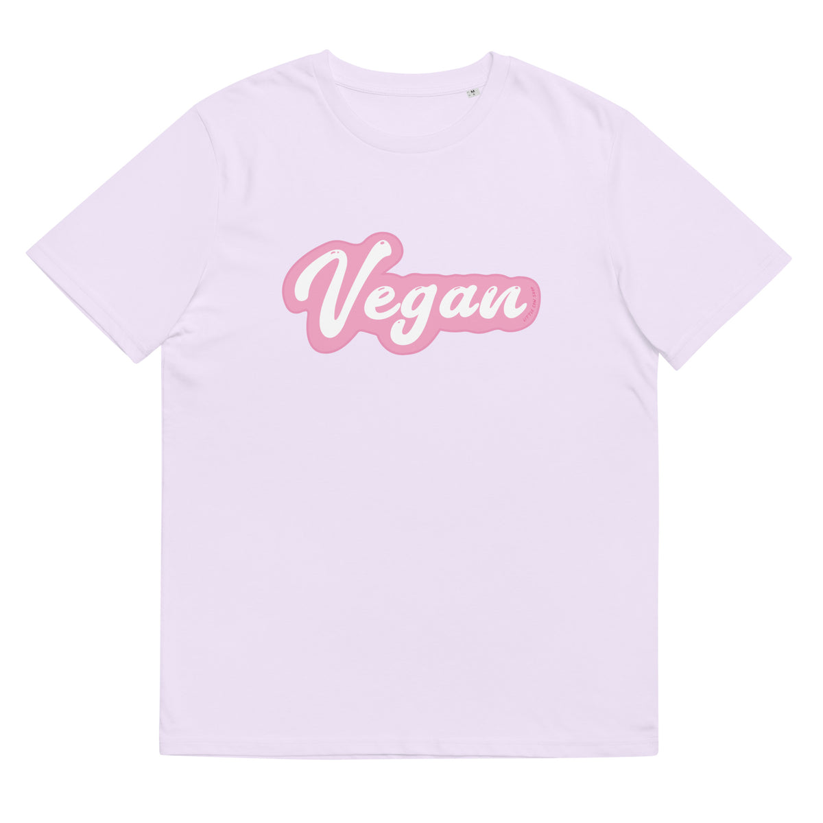 lilac t-shirt with the design vegan across the chest on a white background