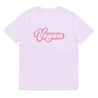 lilac t-shirt with the design vegan across the chest on a white background