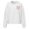 Gray sweatshirt with 'Vegan Moms Club' text on a white background