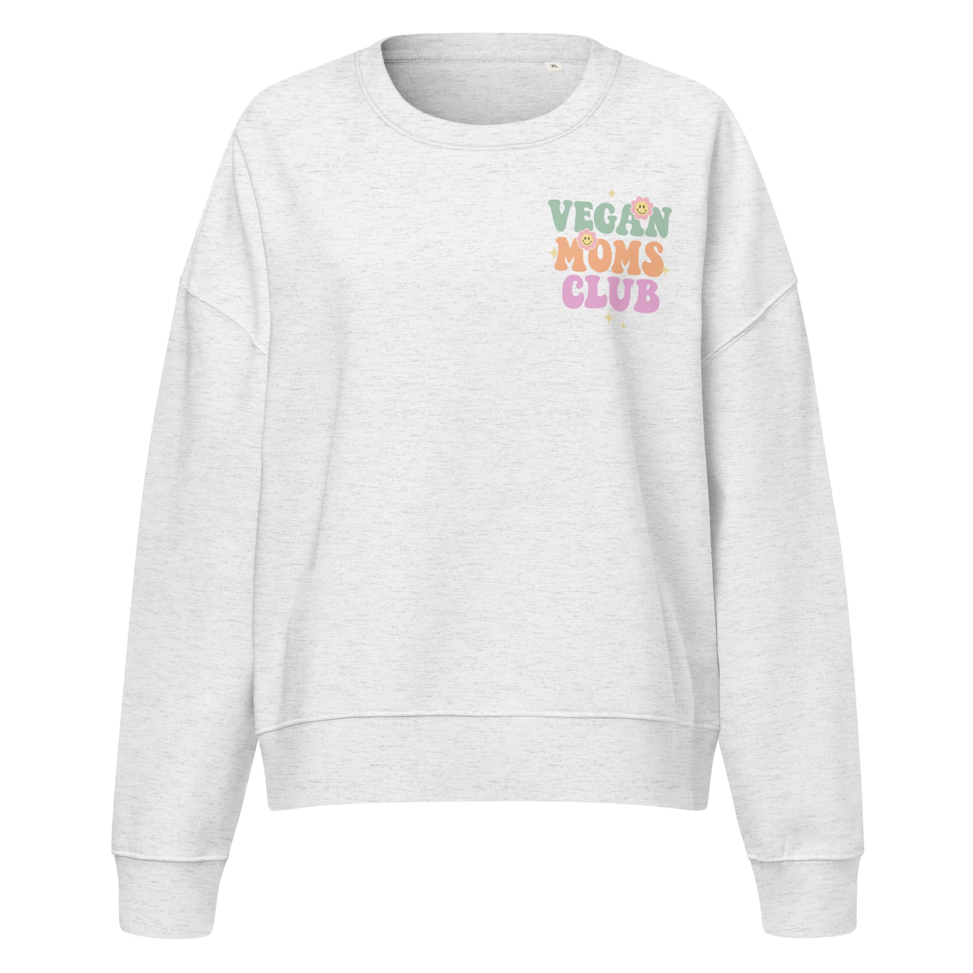 Gray sweatshirt with 'Vegan Moms Club' text on a white background