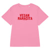 Pink t-shirt with red 'VEGAN MAMACITA' text on a white background