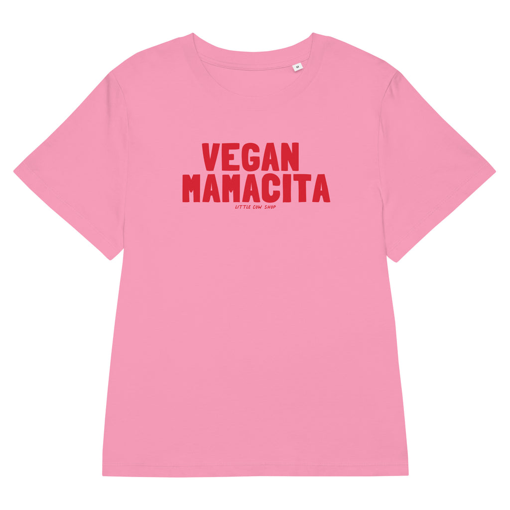 Pink t-shirt with red 'VEGAN MAMACITA' text on a white background