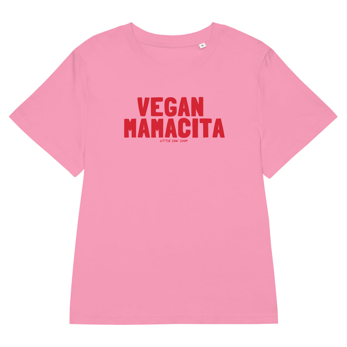 Pink t-shirt with red 'VEGAN MAMACITA' text on a white background