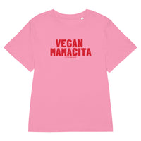 Pink t-shirt with red 'VEGAN MAMACITA' text on a white background