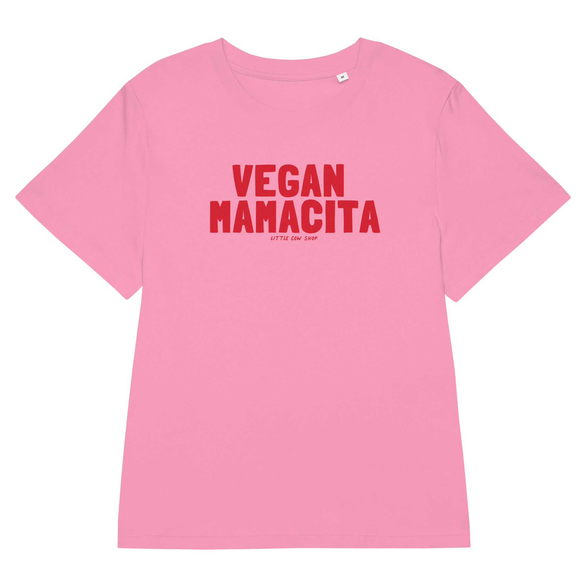 Pink t-shirt with red 'VEGAN MAMACITA' text on a white background