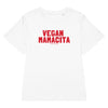 White t-shirt with red 'VEGAN MAMACITA' text on a white background