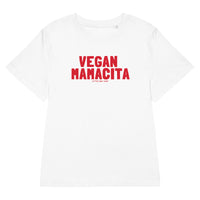 White t-shirt with red 'VEGAN MAMACITA' text on a white background