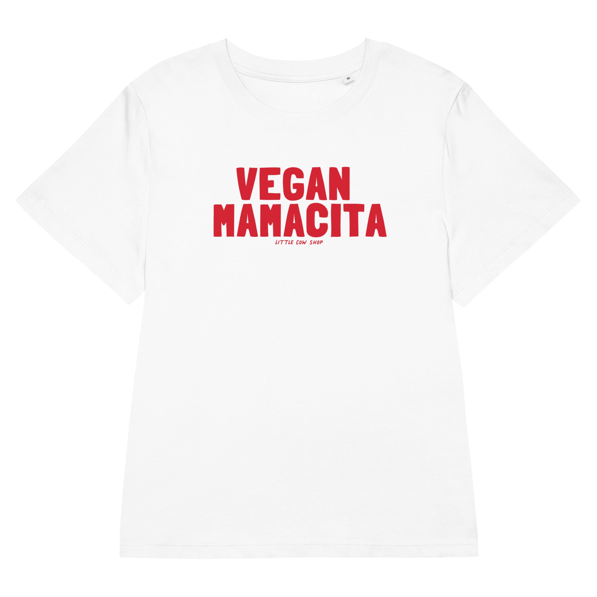 White t-shirt with red 'VEGAN MAMACITA' text on a white background