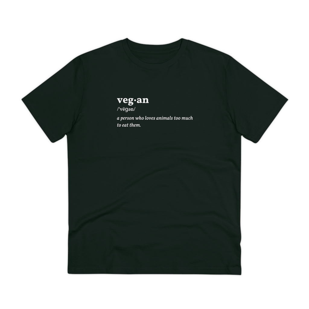 black 100% organic t-shirt vegan definition across chest a person who loves animals too much to eat them