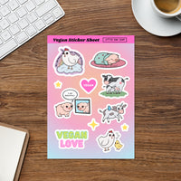 A sticker sheet with various Bo and Friends themed stickers, including a cow, pig, and chicken, with the word 'VEGAN LOVE' and phrases like 'I'm beautiful' and 'All Animals are Magical Unicorns'.