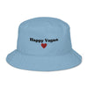 blue bucket hat with happy vegan and a smiley red heart in the front