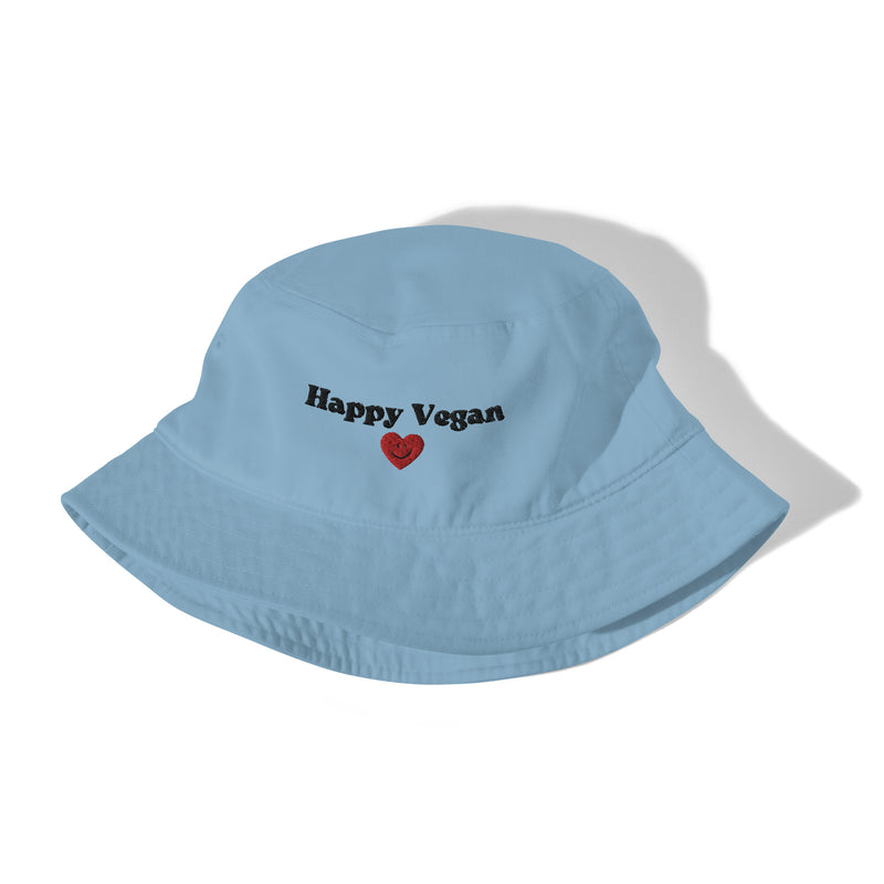 blue bucket hat with happy vegan and a smiley red heart in the front mockup