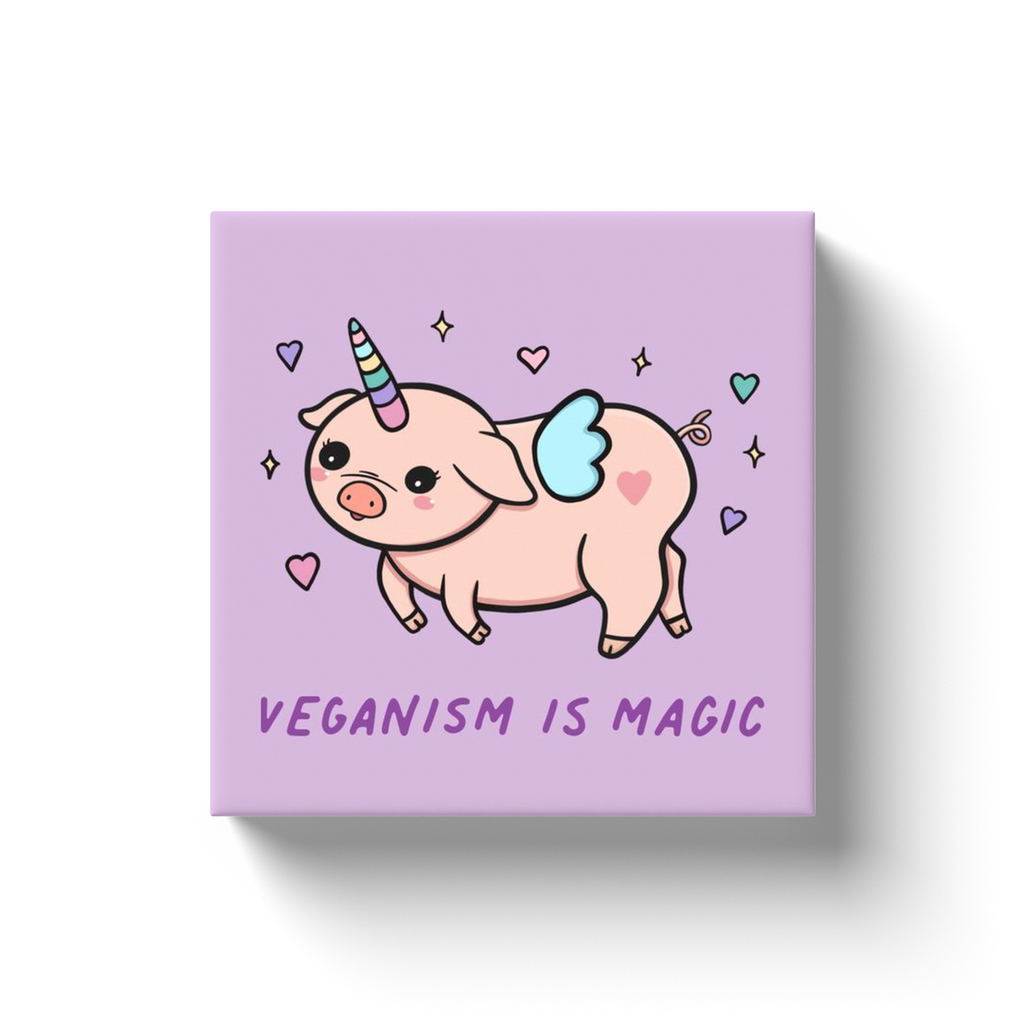 purple background canvas with a unicorn piggy with the words veganism is magic