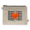 Makeup bag made out of hemp with the words Happy Vegan printed in the front