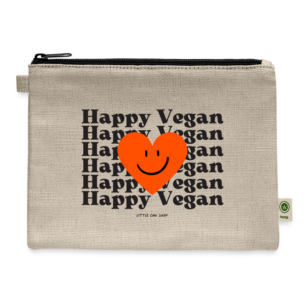 Makeup bag made out of hemp with the words Happy Vegan printed in the front