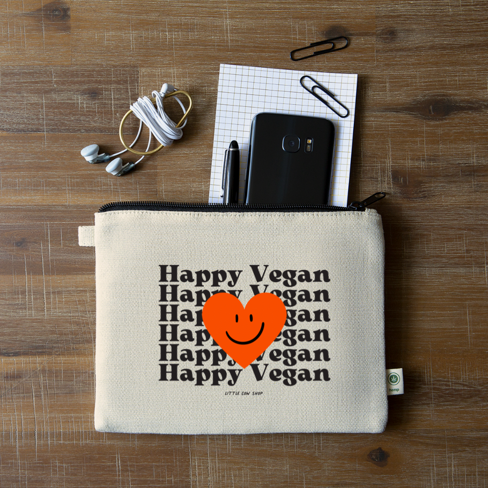 Makeup bag made out of hemp with the words Happy Vegan printed in the front mockup