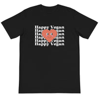 A black t-shirt with the text 'HAPPY VEGAN' and a heart graphic on the front.